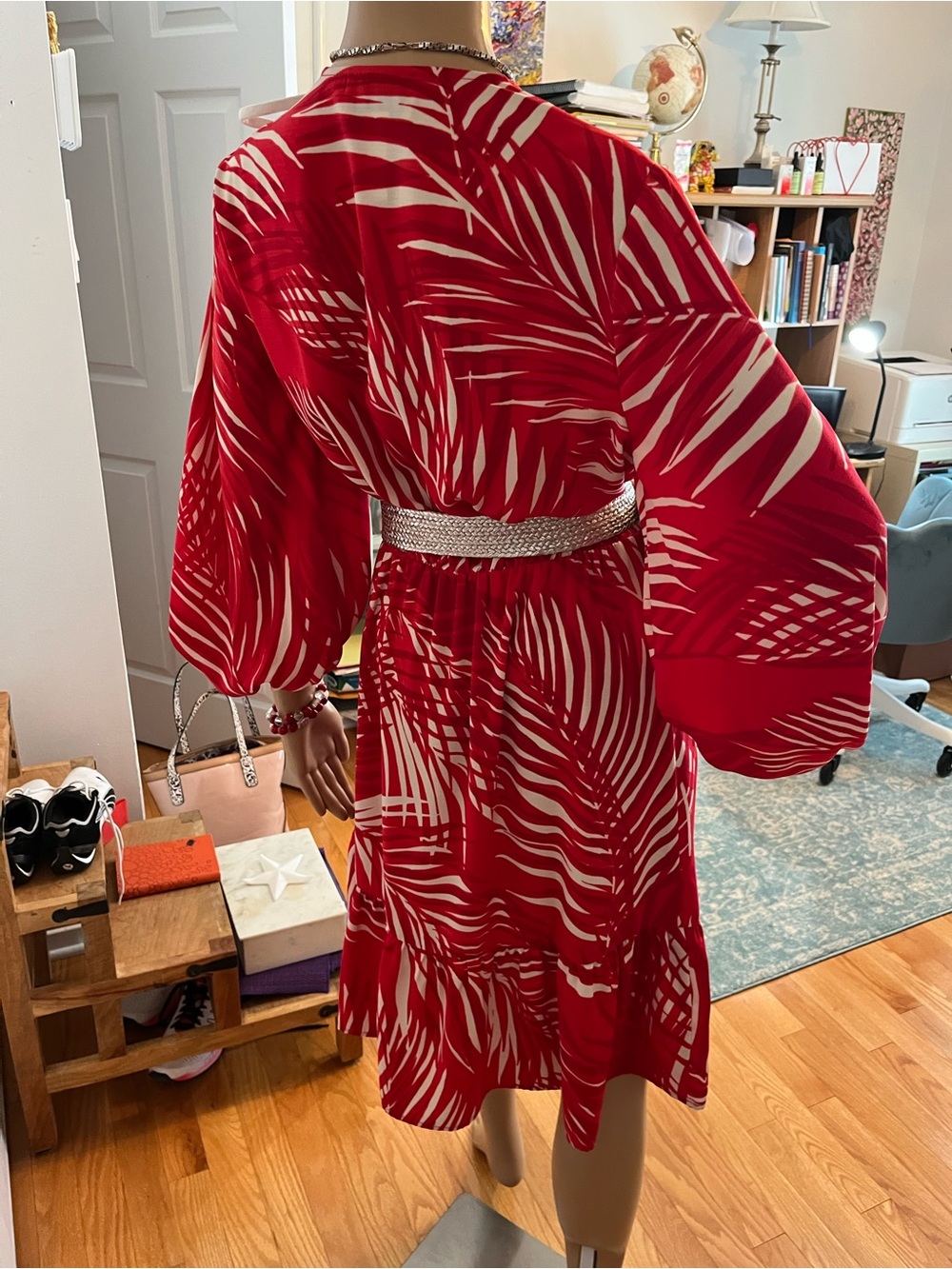 Joseph Ribkoff Red and White Palm-Print Midi Dress - Picture 4 of 11
